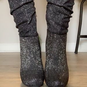 6M Black Sparkle Heeled Boots